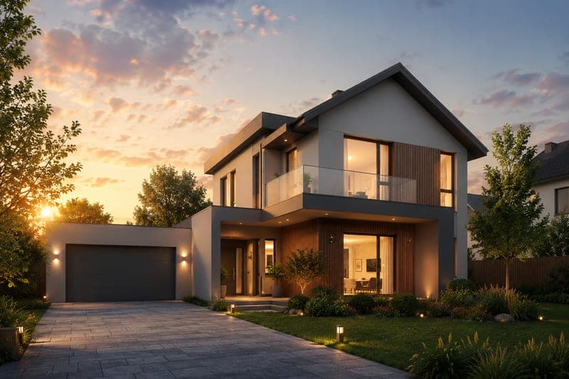 Modern house exterior at dusk